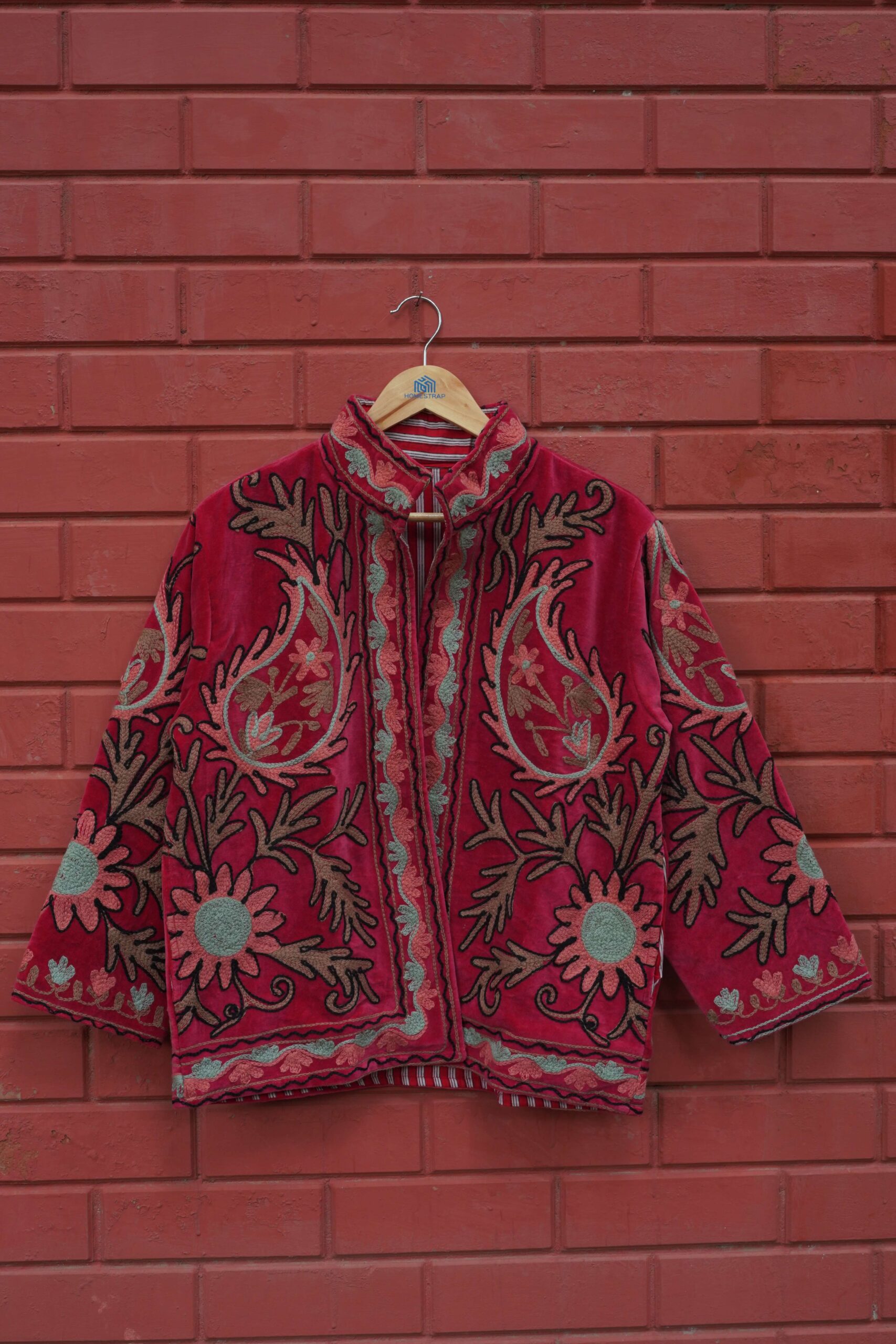 Womens Red Velvet Embroidered Jacket with Floral Design - Image 2