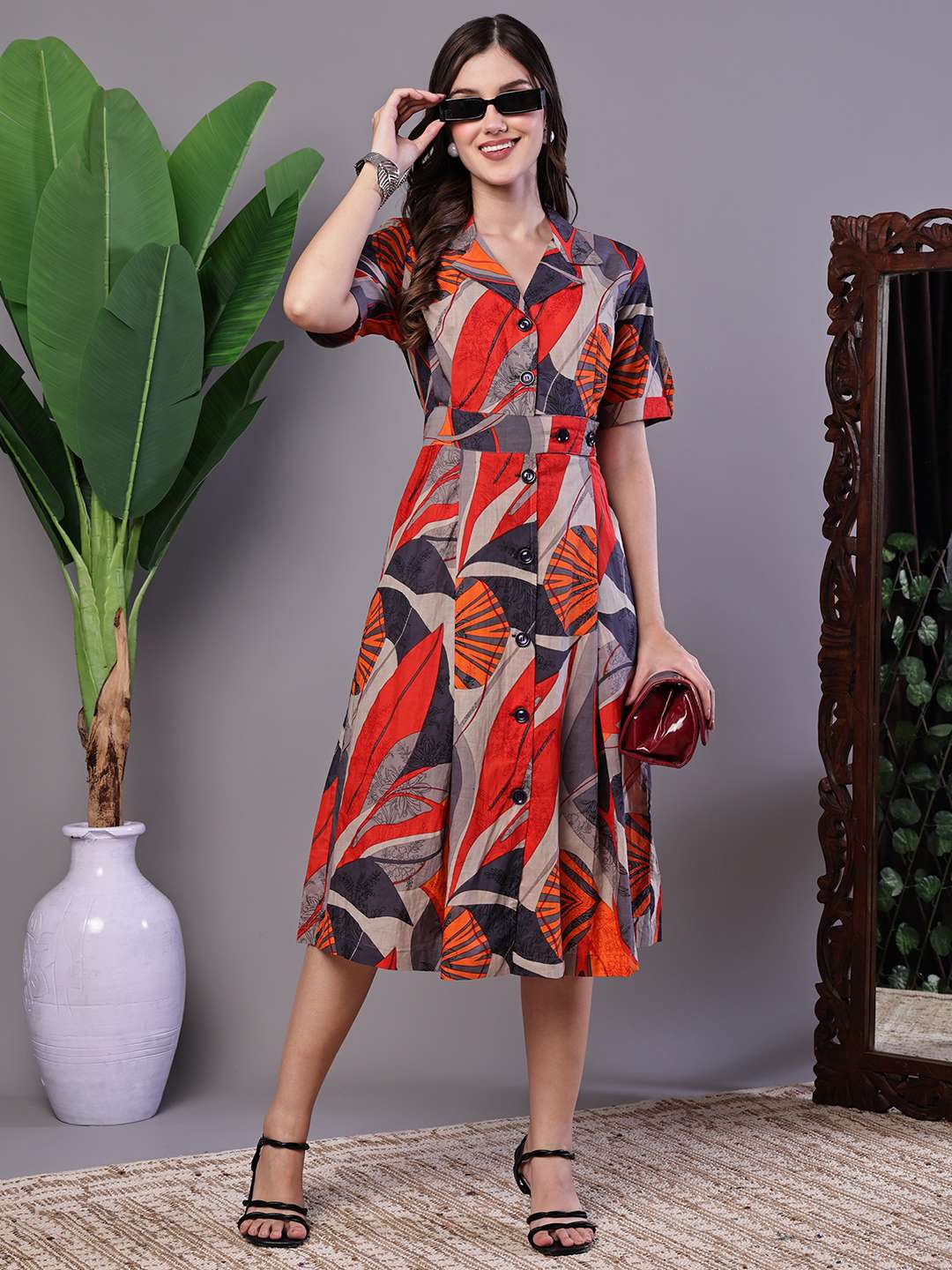 Women's Leaf Print Button-Down Cotton Midi Dress - Image 3