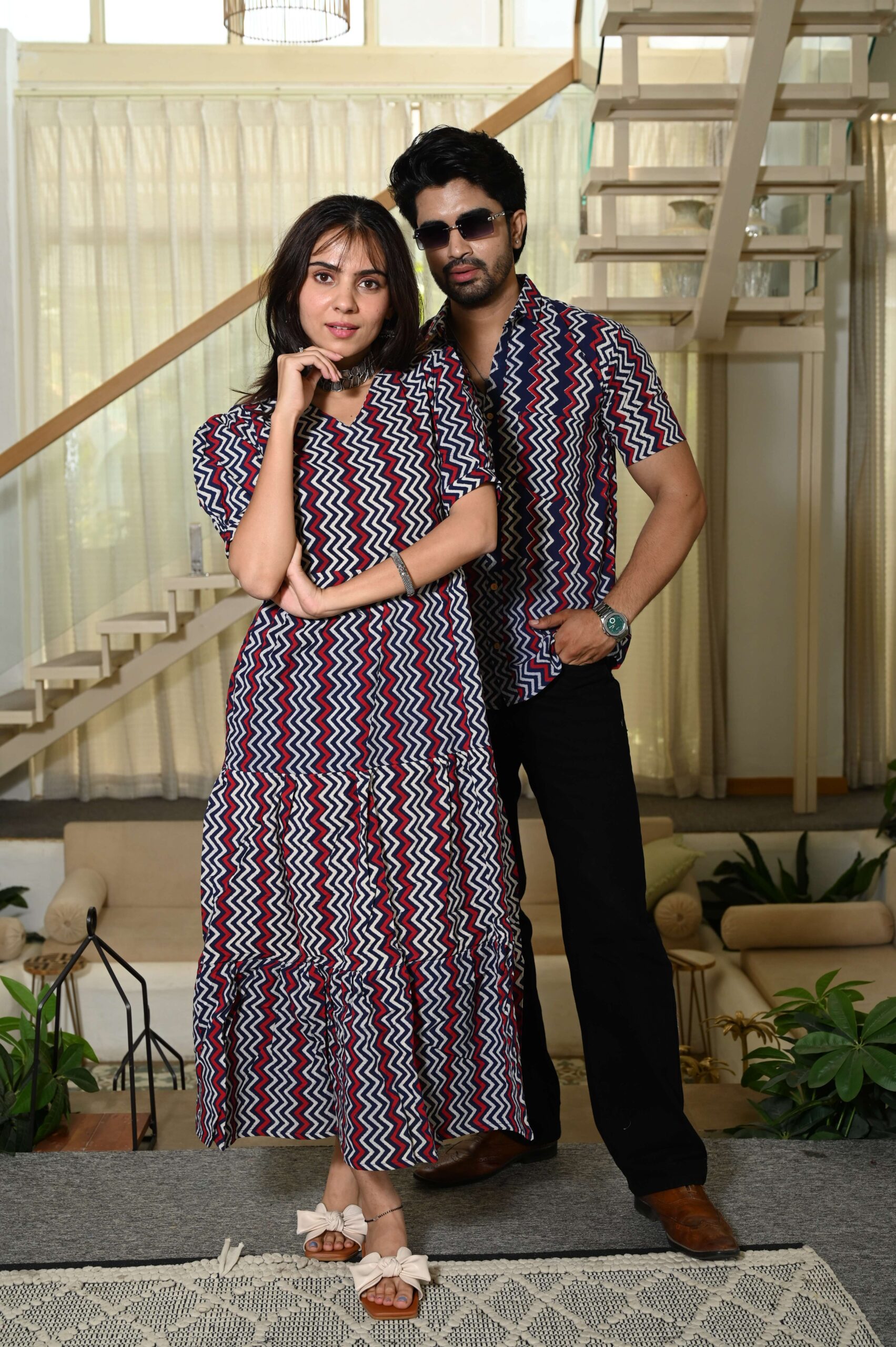 Couple Matching Navy Blue & Red Zigzag Cotton Anarkali Midi Dress and Shirt Set - Image 3