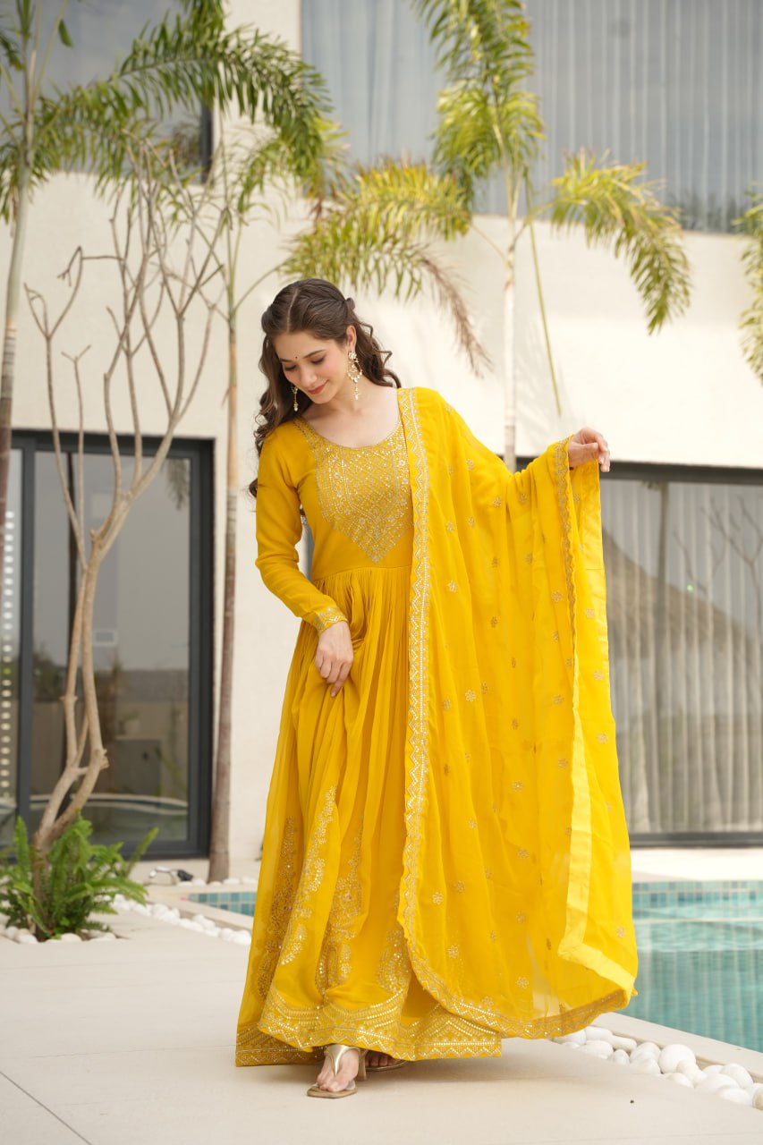 Women's Radiant Red Anarkali Suit Set with Golden Zari & Sequin Embroidery – Perfect for Festive & Wedding Occasions - Image 4